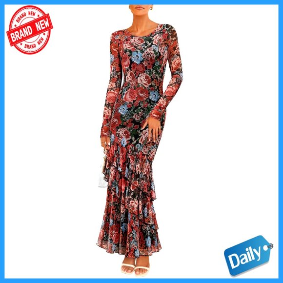 Dresses & Skirts - Floral Mermaid Maxi Dress Long Sleeve Mesh Bodycon Formal Wedding Guest